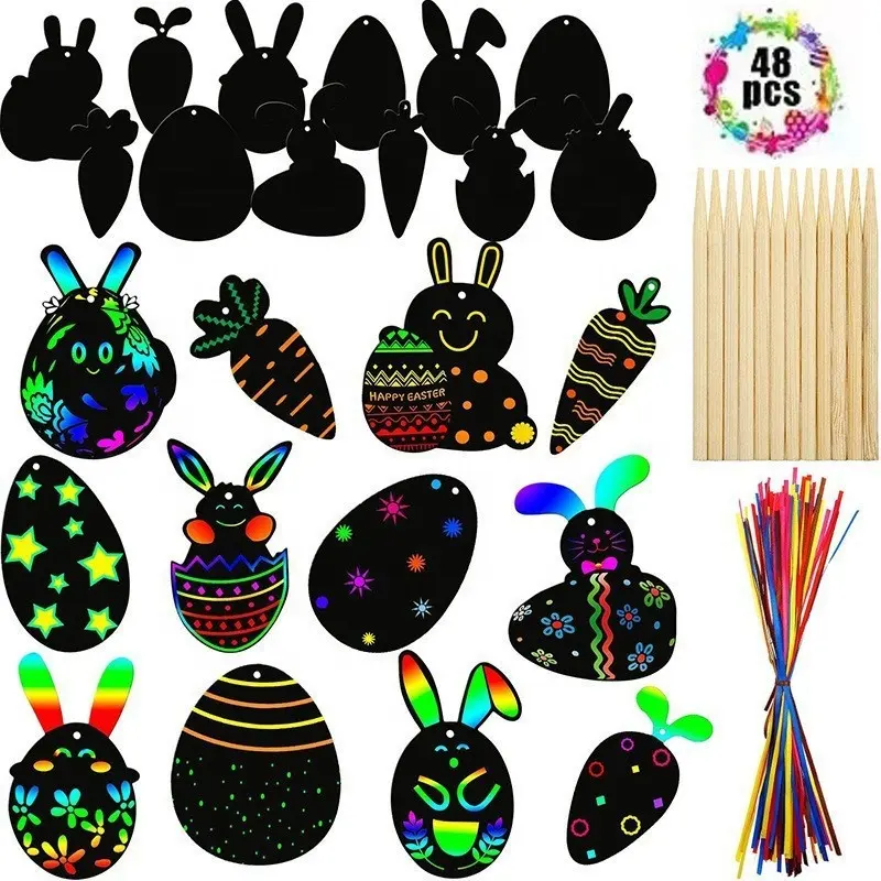 Pafu Christmas Easter Favor 48Pcs Rainbow Bunny Egg And Snowman Scratch DIY Crafts Kit Magic Scratch Off Cards Paper Home Decor