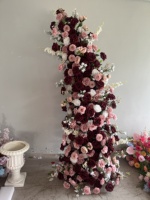 H478 Pilar Bunga Artifisial Merah Burgundy 2Pcs Rangkaian Bunga Mawar Sutra Peony untuk Latar Belakang Upacara Pernikahan dan Pesta