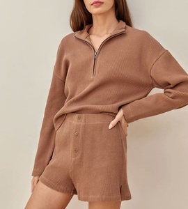 2025 vente en gros personnalisé été coton mélangé côtelé femmes tricot 2 pièces pull court ensemble Quater fermeture éclair haute qualité tricots OEM - Product Image 2