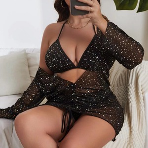 Nuovo lampeggiante Plus Size tinta unita stampa 3 pezzi <span class=keywords><strong>Bikini</strong></span> da spiaggia a vita alta costume da bagno donna grasso costume da bagno con copertura - Product Image 4