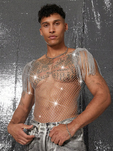 Canottiere con stella re Mcgreen Top da <span class=keywords><strong>uomo</strong></span> a rete con muscolatura lucida trasparente gilet con paillettes rotondo senza maniche indumento da discoteca per feste - Product Image 2