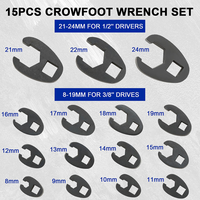 Jeu de clés à écrous évasées Crowfoot 15 pièces 8mm-24mm, clé à cliquet en forme de C à extrémité ouverte pour le retrait des écrous de conduites de frein et de carburant, outils de réparation automobile