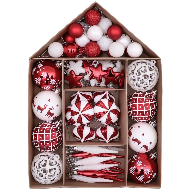 EAGLEGIFTS Item Kerstballen Red and White Glitter Decor Pendants Round Baubles Mini Christmas Tree Ornaments Balls with Designs