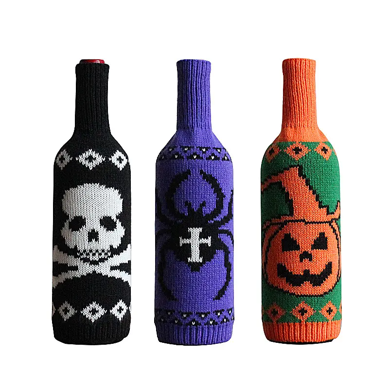 हेलोवीन स्वेटर शराब की बोतल कवर हस्तनिर्मित शराब की बोतल स्वेटर के साथ शराब की बोतल धारक पाउच बैग स्पाइडर खोपड़ी कद्दू गपशप