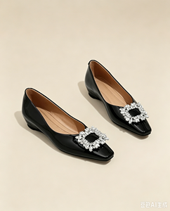 Ballerines vintage françaises à bout carré pour femmes, chaussures plates élégantes à enfiler avec cristaux - Product Image 3