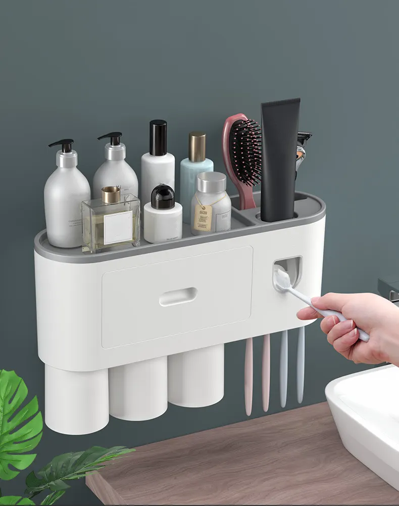 Family Toothbrush Holder With Automatic Toothpaste 3 Cups Toothbrush Holders With Toothpaste Dispenser Wall