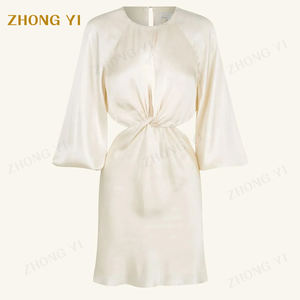 2024 femmes chaudes personnalisé été torsion avant découpé Mini robe O cou soyeux Satin ballon manches Non extensible tissé Mini jupe - Product Image 5