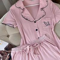 Conjunto de Pijamas de Verano para Mujer, Personalizado al por Mayor, Cómodo, de Manga Corta, con Volantes, Tejido de Punto Modal, Ropa de Dormir