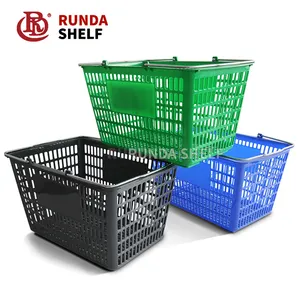 Supermarket Plastic Baskets Metal Double Handle Plastic Basket PW605BT Rz 30L Collapsible Shopping Basket