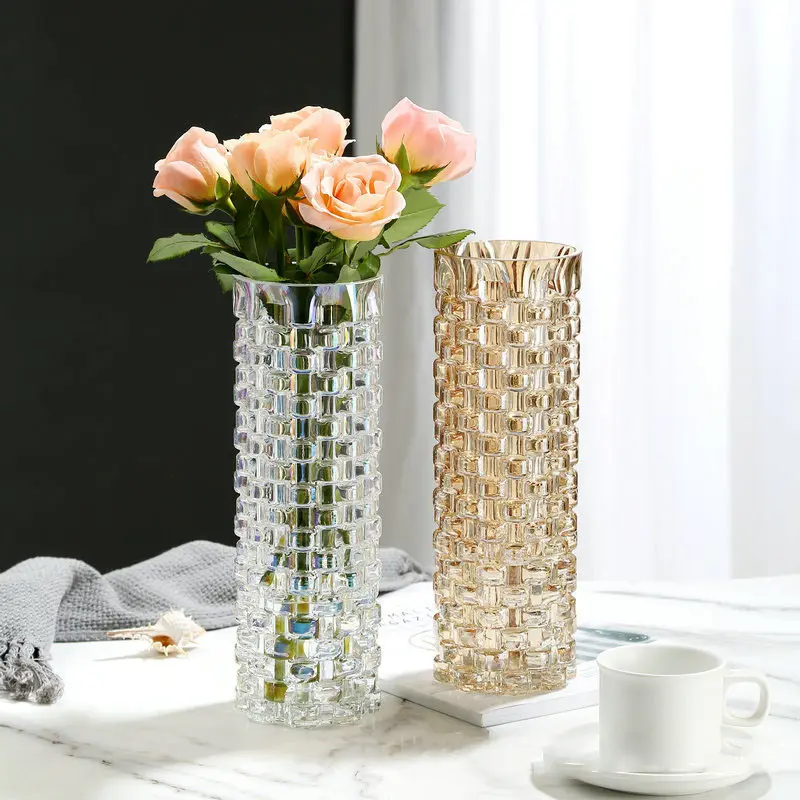 Vaso de vidro de cristal transparente, varal reto com cilindro para água, flores levantadas, cores de bambu ricas de decoração