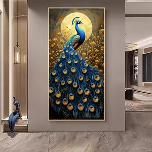 Peinture décorative d'entrée Paon, Art mural de fond de couloir, Paysage animalier avec lampe, Peinture en porcelaine de cristal personnalisée - Product Image 4