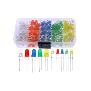 Caixa de 5 cores com cabeça redonda, diodo emissor de luz mista, branco, vermelho, amarelo, verde, azul, contas de LED de pino curto, caixa de amostra, pacote de amostras