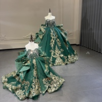 Robe Jancember XS325 vert émeraude sans bretelles, corsage à sequins, jupe brodée or style baroque, pour galas et demoiselles d'honneur