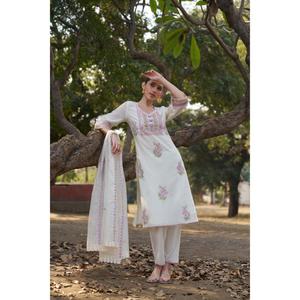 Good Quality <b>Women</b> Pure Cotton Thread Work Embroidered <b>Kurta</b> with Comfortable Trousers and Soft Dupatta Set Available For Sale - Product Image 6