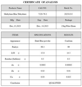 Methylen màu xanh trihydrate bột màu xanh methylene CAS 7220-79-3 nhuộm đại lý trong nghiên cứu sinh học nuôi trồng thủy sản và sử dụng hồ cá - Product Image 2