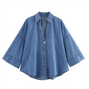 Camisa vaquera para mujer, corte holgado, manga tres cuartos, con botones, estilo casual, color liso, tela de sarga lavada, cuello caído - Product Image 4