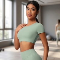 Ensemble de yoga pour femmes, haut court à manches courtes, leggings taille haute, vert sauge, séchage rapide, tenue de fitness sans couture