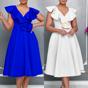 D565 Robes de soirée d'été élégantes pour femmes <span class=keywords><strong>Jupe</strong></span> à fleurs à volants col en V avec manches courtes Swing Fashion pour les banquets - Product Image 2