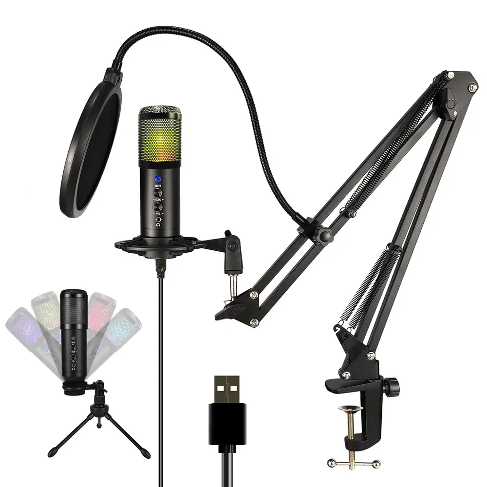 Lampu Karaoke Siaran Langsung Lampu RGB Perekam Suara USB Kondensor Studio Mikrofon Gaming dengan Dudukan dan Lengan