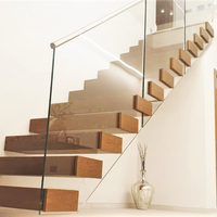 Escalier flottant intérieur préfabriqué avec garde-corps en verre, construction durable en acier et bois, escaliers ouverts personnalisés