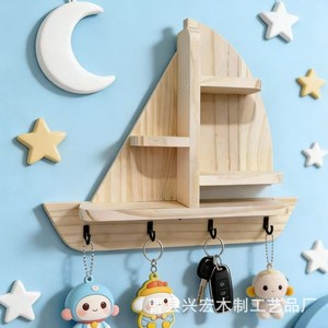 Wooden Sailboat <b>Wall</b> Mount <b>Key</b> Holder Natural Color Multi Functional Storage <b>Rack</b> <b>For</b> <b>Keys</b> And Small Items - Product Image 1