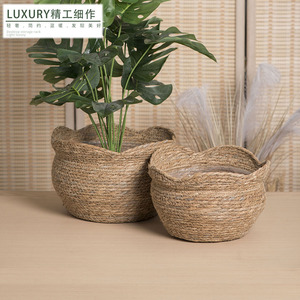 Woven Straw Flower Pots Round Handmade Biodegradable For Indoor Home Office Hotel Decoration <b>Storage</b> <b>Baskets</b> - Product Image 5