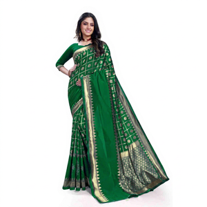 <b>Green</b> <b>Silk</b> Saree With Gold Embroidered Border Traditional Indian Pakistani Wedding Wear Regular Wear Saree For Women - Product Image 1