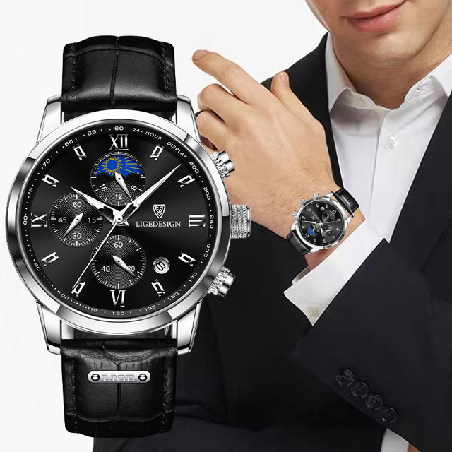 LIGE 8953 Men's Watches Business Fashion Watch Man Top Brand Luxury Leather Wristwatch Quartz Chronograph Waterproof Auto Date