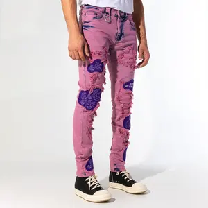 Fashion Denim Men's Denim Jeans Heavy Weight Distress Printing Patch Work Tie Dye Customize Men's Skinny Jeans Slim Fit