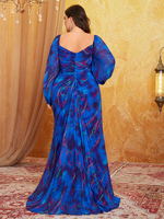 Robe de soirée maxi évasée modeste à imprimé plissé avec décoration de cristaux et de perles, col cœur, manches lanternes, taille plus, coupe aléatoire