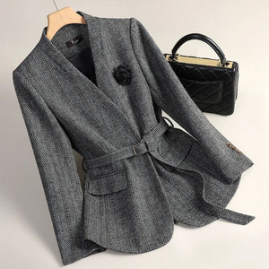 Women's Wool Blazer GDX1668 Coffee Color Slim Fit Autumn Winter Jacket With Belt For Office Wear - Product Image 4