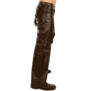 Men's Brown Genuine Leather Pants Eco-Friendly Breathable Polyester Fabric High Waist Zipper Fly Lightweight Casual Style - Product Image 4