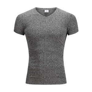 Camiseta de Manga Corta con Cuello en V, Ajustada, de Algodón, Personalizada, para Hombre, Deportiva, con Estampado Digital a Rayas, Transpirable, de Punto - Product Image 6