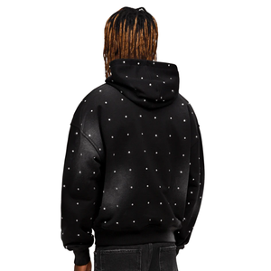 Sweat à capuche surdimensionné en molleton de coton 100% noir uni avec lavage à l'acide et strass Y2K, impression en relief - Product Image 3
