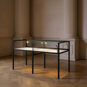 Vitrine de musée en fer 180x80x105cm, cadre en métal noir avec dessus en verre et 8 spots LED pour tables de présentation - Product Image 3