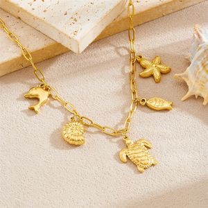 Ocean Life Series Gold Plated Pendant Chain Stainless Steel Turtle Starfish Dolphin Fish Charm Necklace Gift - Product Image 2