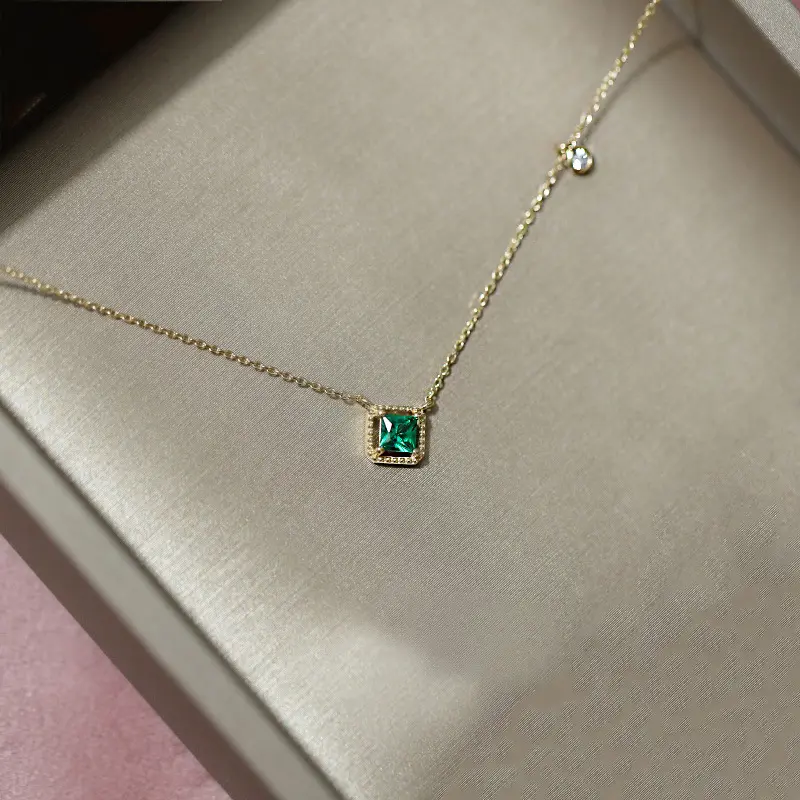 Luxury 925 Sterling Silver Square Emerald Diamond Necklace 14K Gold Green White Zirconia Chain Necklace