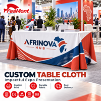 Housse de table publicitaire FEAMONT avec impression couleur, nappe personnalisée pour exposition, stand de salon professionnel, vente en gros, usine