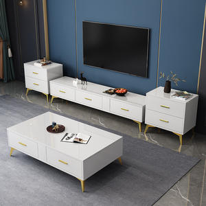 Ensemble table basse et meuble TV pour salon moderne, blanc avec pieds dorés, design minimaliste pour petits appartements - Product Image 1
