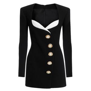 Robe mini noire à volants pour femmes, bordure rayée, col en V, manches longues, coupe ample, décontractée, robes pour femmes, mode - Product Image 4