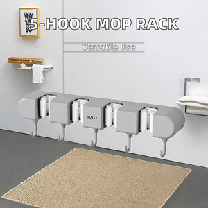 Cozy Coat Rack <b>Wall</b> Hooks 4 Clips 5 Hooks Free-Hole Toilet Brush Storage Hook Convenient Installations <b>Wall</b> Hanging Mop Rack - Product Image 3