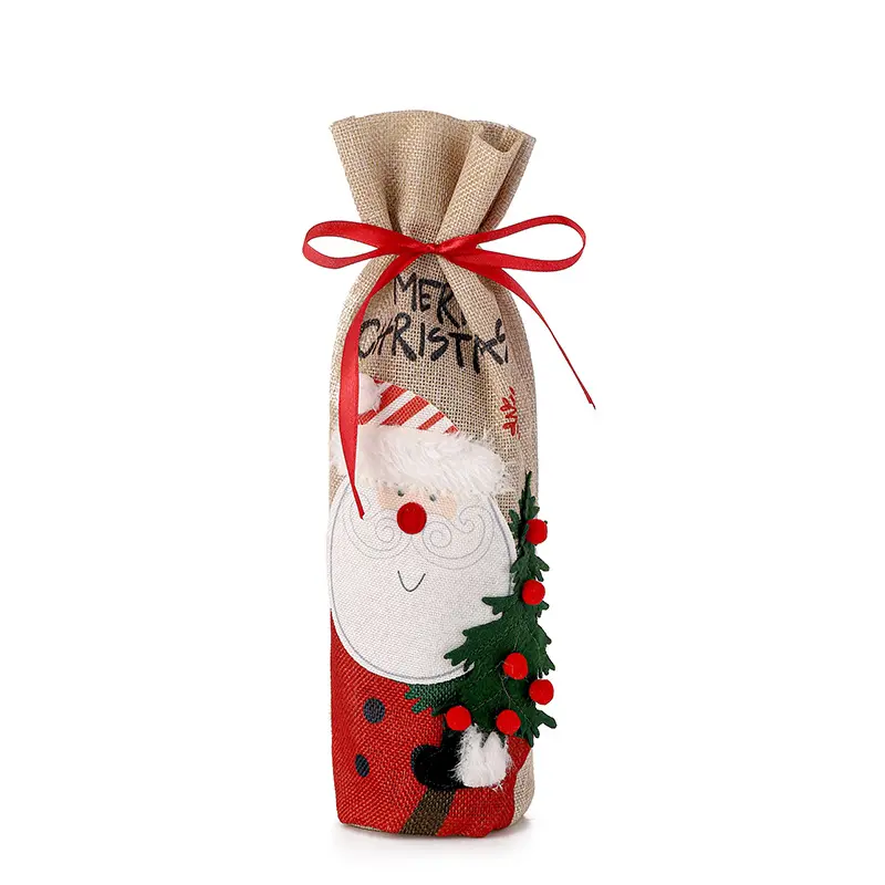 Funda de lino y vino tinto para decoración navideña, bolsa de cubierta de Papá Noel, muñeco de nieve y champán, venta al por mayor