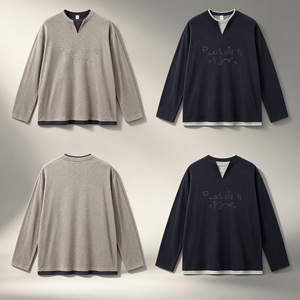T-shirt à manches longues brodé effet deux pièces, col en V, style américain, avec empiècements, Nouveauté Printemps 2026, Marque Tendance - Product Image 1