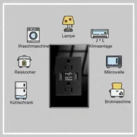 Interruptor de Luz de Pared Americano de Vidrio Templado Negro 15 A, Enchufe de Pared con Cargador Rápido USB y Toma de Corriente de EE. UU., Tomacorriente para México