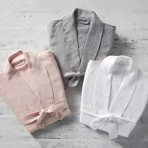 Custom style 100% Linen Bathrobe Home Clothes Pajamas Men And Women Couples Kimono Style Linen Robes