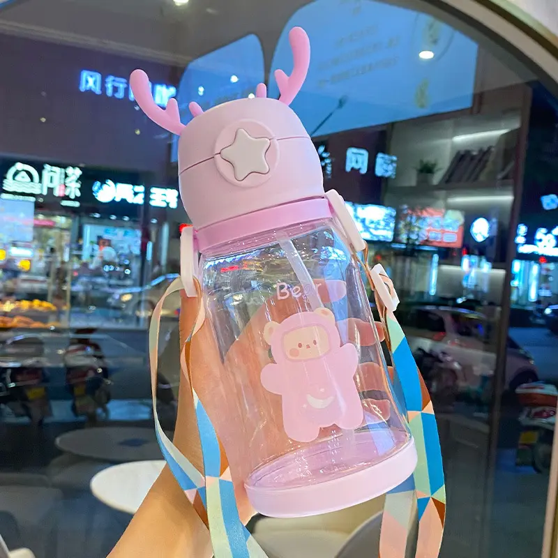 Custom Logo Cartoon Kids Plastic Water Cup Children Portable Straps Plastic Straw Cups Water Bottles With Handles