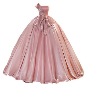 Dusty Rose Satin Strapless Backless Ball Gown Empire Waist Evening Dress with Puffy Skirt - Product Image 4