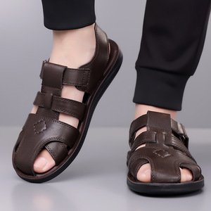 Sandales d'été pour hommes en cuir véritable de qualité supérieure, confortables, décontractées, légères, respirantes, avec semelle intérieure en PU flexible - Product Image 4