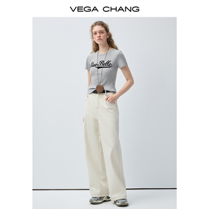 <span class=keywords><strong>T</strong></span>-<span class=keywords><strong>shirt</strong></span> à manches courtes en tricot côtelé pour <span class=keywords><strong>femme</strong></span> VEGA CHANG, coupe slim, avec impression de lettres Ciao Bello en <span class=keywords><strong>gris</strong></span>, pour un style décontracté - Product Image 3
