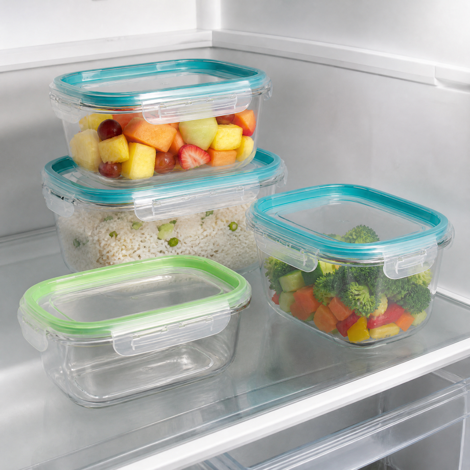 4 Piece Food Storage Container Set Clear PET Body With TPR Gasket and ...